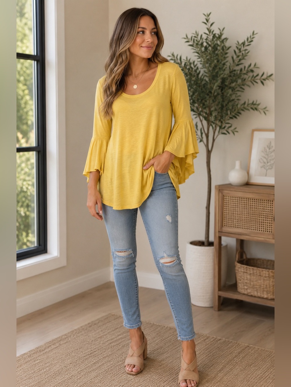 💛 PROMESA~Mustard Bell Sleeve‎ Loose Fit Blouse Small ~NWT